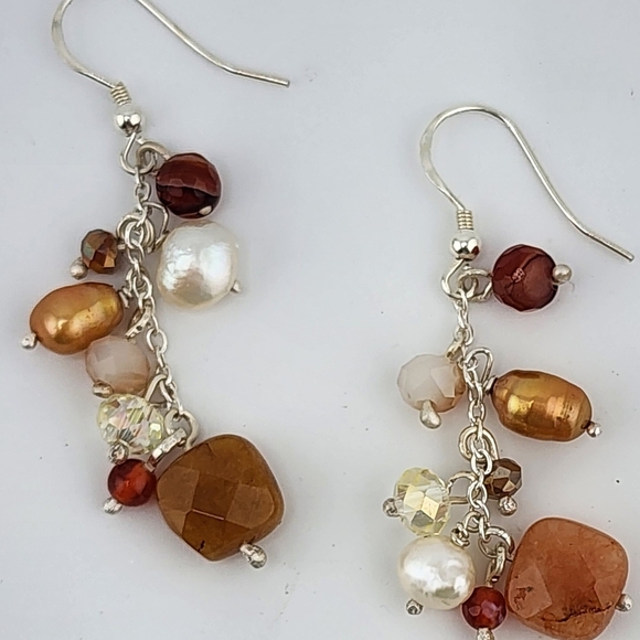 CARNELIAN, PEARLS, & CRYSTALS HANDMADE CASCADE EARRINGS .925 STERLING SILVER - Picture 5 of 6